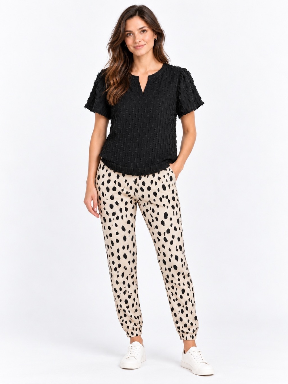Black Textured Blouse & Beige Leopard Joggers 2 Piece Outfit